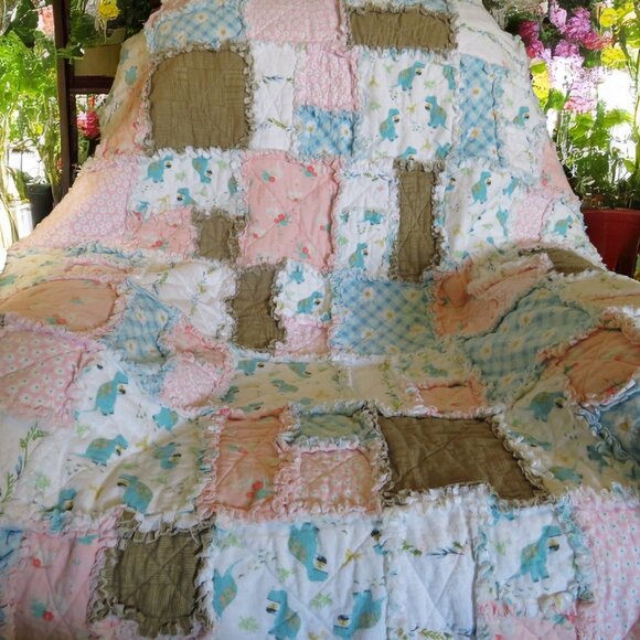 Flannel Rag Quilt 49 x 45 with Batting, Floral Dinosaur Scrappy Style Rag Quilt - Picture 1 of 11